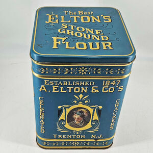 The Best Elton's Stone Ground Flour Tin 8.5" Tall Vintage Replica Blue Farmhouse